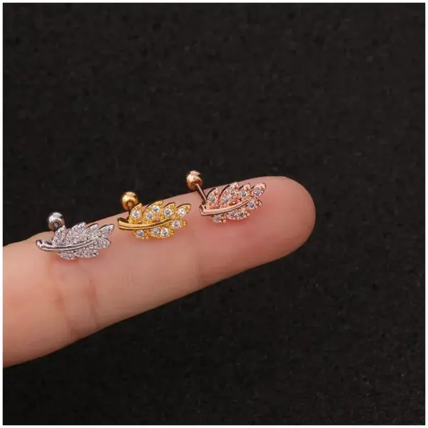 316L Stainless Steel Copper Zircon Ear Cartilage Rings & Studs Leaf Waterproof Non Tarnish Surgical Steel
