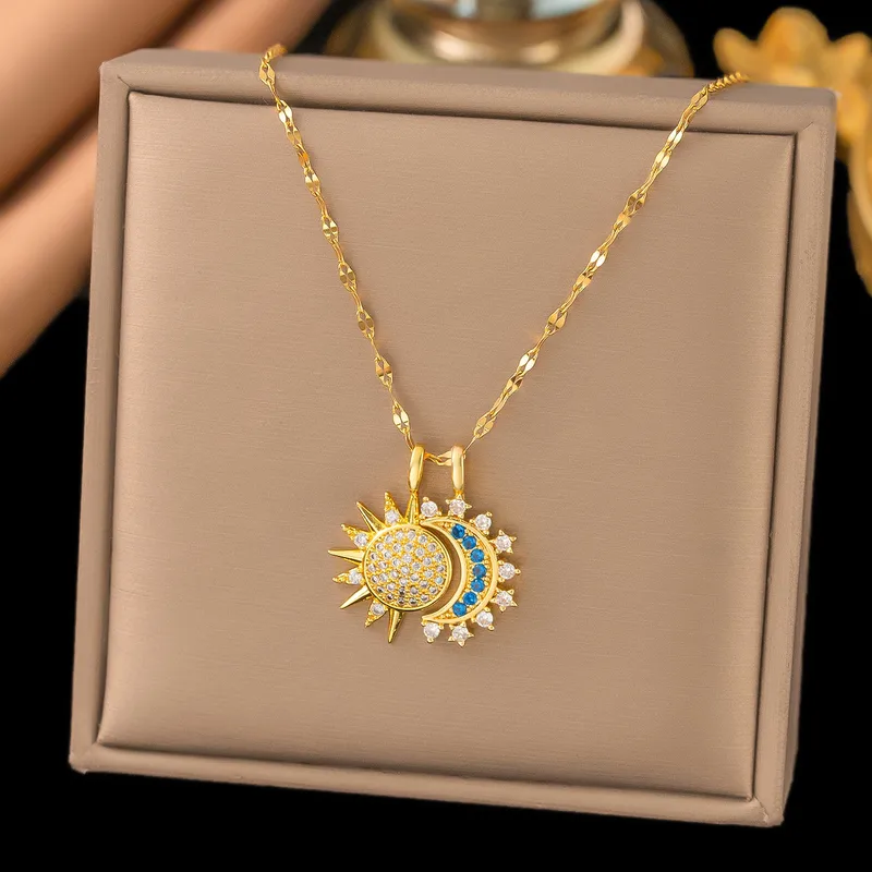 Wholesale 316 Stainless Steel Copper Sun Moon Electroplated 18K Real Gold Plated Casual Elegant Waterproof Non Tarnish Lip Chain Pendant Necklace