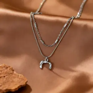 X06174-Double Layer Square-Necklace-Steel Color