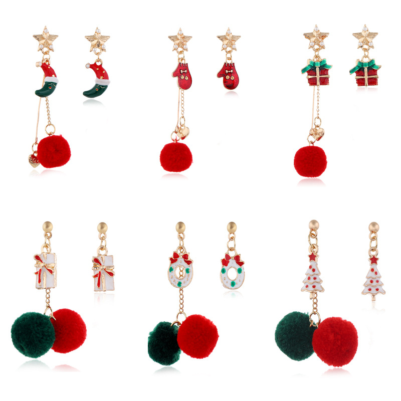 Wholesale European and American Christmas sier needle stud earrings Diamond five-inted star stud earrings cross-border hot sale wool ball asymmetric C