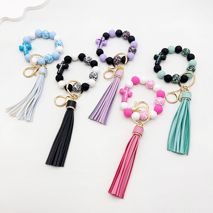 Wholesale Colorful Leopard Print Silicone Letter Cross Cow Head Wristlet Keychain