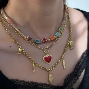 Wholesale Jewelry Casual Elegant Classical Heart Shape Ladybugs Flower 304 Stainless Steel Bandana Cloth Strip 18K Gold Plated PVD Coated Plating Silk Scarf Cord Cuban Link Chain Curb Chain Cloth Strip Multi Charms Necklace