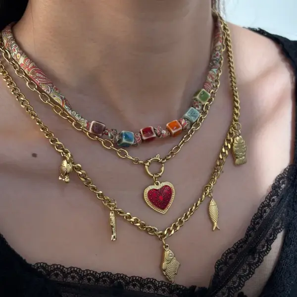 Wholesale Jewelry Casual Elegant Classical Heart Shape Ladybugs Flower 304 Stainless Steel Bandana Cloth Strip 18K Gold Plated PVD Coated Plating Silk Scarf Cord Cuban Link Chain Curb Chain Cloth Strip Multi Charms Necklace