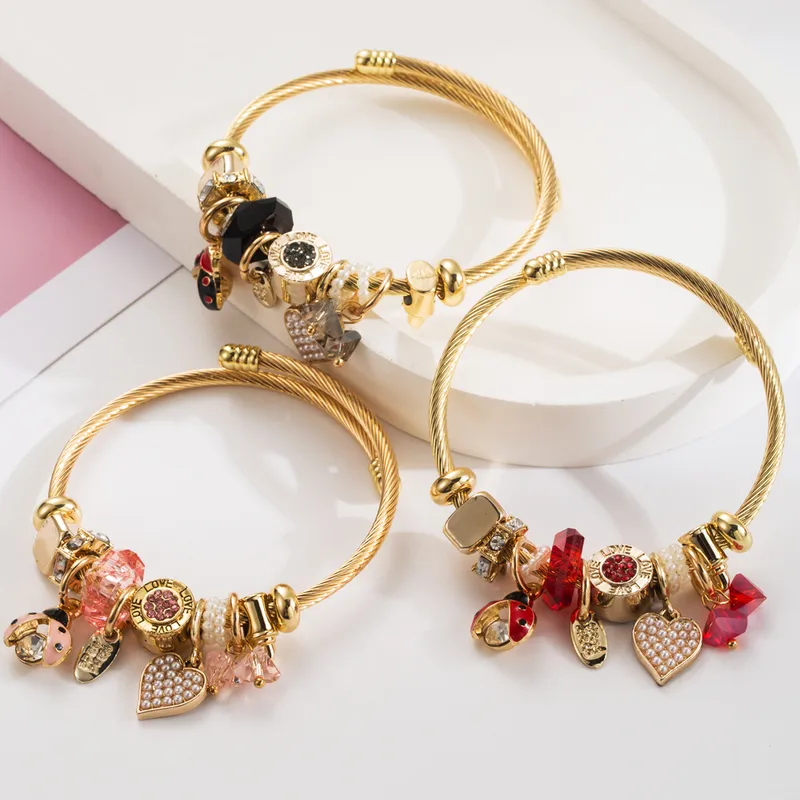 Wholesale Casual Vacation Classic Style Red Heart Ladybugs 304 Stainless Steel Alloy Gold Plated Rhinestones Bangle In Bulk