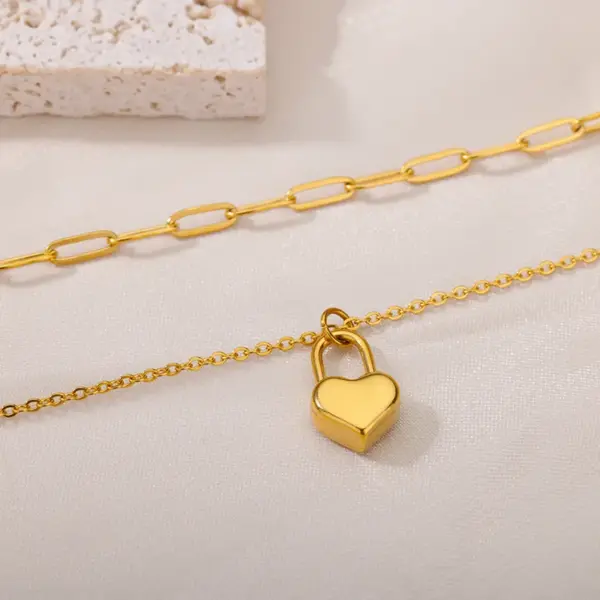 PVD Coated Real Gold Plated 18K Gold Heart Shape 304 Stainless Steel Simple Style Waterproof Non Tarnish 304 Stainless Steel Double Layer Necklaces