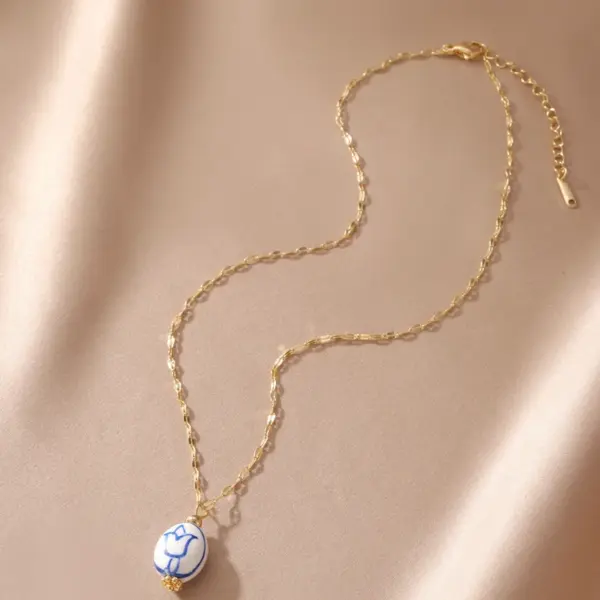 Wholesale Jewelry Chinoiserie Classical Geometric 304 Stainless Steel Ceramics Plating Cable Chain Pendant Necklace