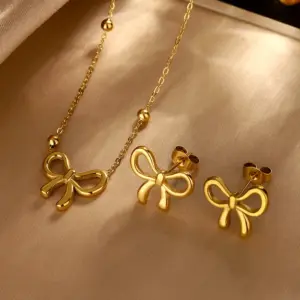 304 Stainless Steel Plastic Bow Knot Electroplating Ion Plating (IP) 18K Gold Plated Imitation Gold Sweet Classic Style Streetwear Waterproof Non Tarnish Jewelry Set