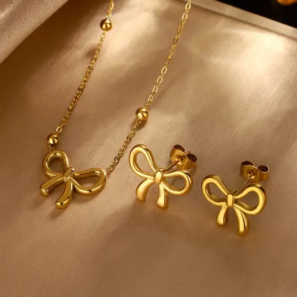 304 Stainless Steel Plastic Bow Knot Electroplating Ion Plating (IP) 18K Gold Plated Imitation Gold Sweet Classic Style Streetwear Waterproof Non Tarnish Jewelry Set