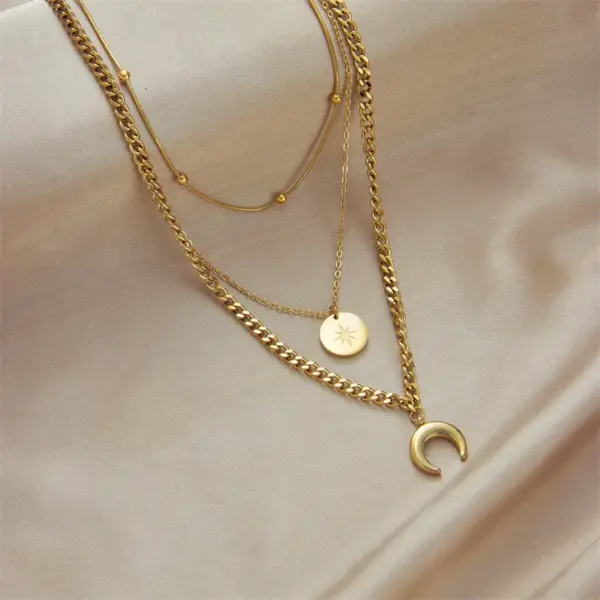 PVD Coated 18K Gold Plated Star Moon Stainless Steel Vintage Style Waterproof Non Tarnish 304 Stainless Steel Layered Necklaces
