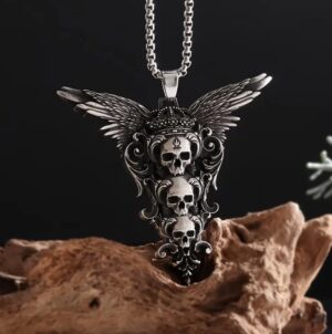 Wholesale Gothic Three Skull Crown and Wings Pendant Necklace, Vintage Horror Inspired Design, Ethnic Jewelry for Men and Women
