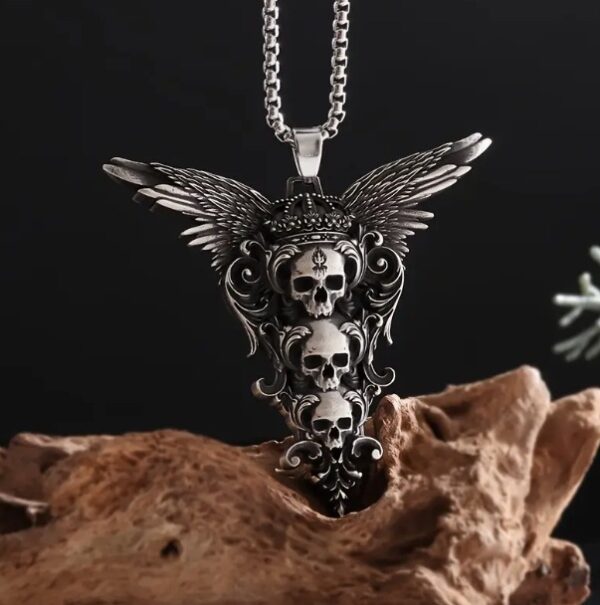 Wholesale Gothic Three Skull Crown and Wings Pendant Necklace, Vintage Horror Inspired Design, Ethnic Jewelry for Men and Women