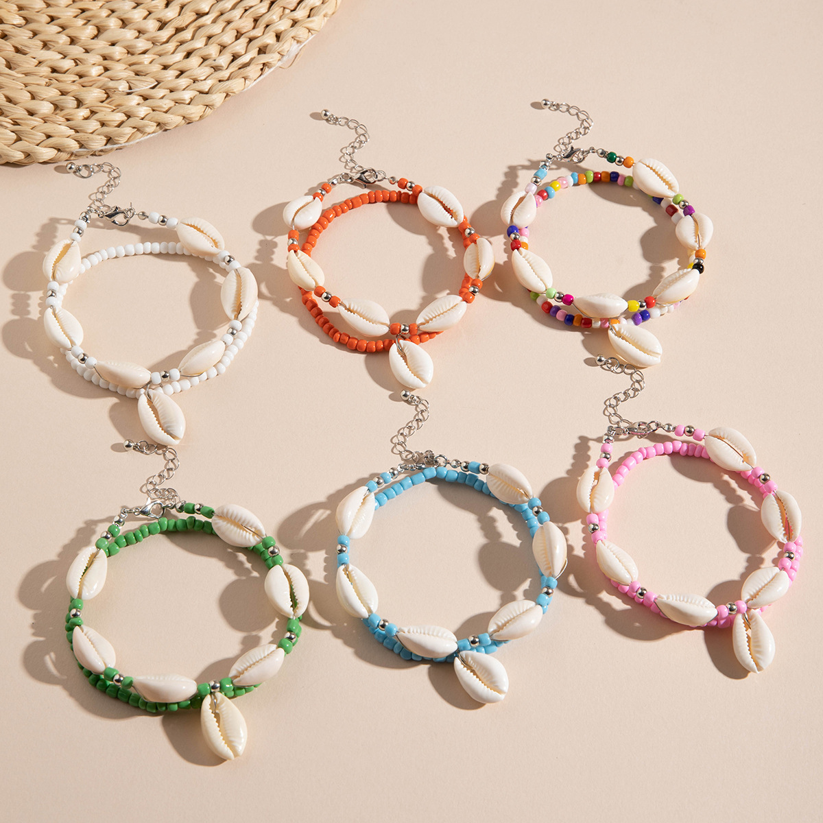 Wholesale Cross-Border Jewelry Bohemian Style Stacked Shell Anklet for Women Summer Beach Rice Bead Shell Anklet Foot Aessories