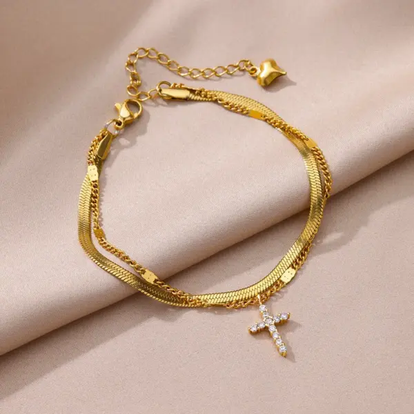Wholesale 1 Piece Hawaiian Vacation Geometric Cross Devil's Eye 304 Stainless Steel Waterproof Non Tarnish Zircon PVD Coated Real Gold Plated Women's Anklet