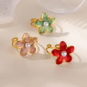 Wholesale Stainless Steel Colorful Flower Ring For Women 18K Gold Plated Elegant Pearl Embedded Adjustable Open Mouth Finger Ring