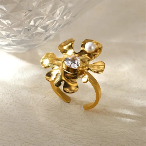Wholesale PVD Coated Real Gold Plated Heart Shape Flower 304 Stainless Steel Imitation Pearl Elegant Classical Romantic Waterproof Non Tarnish Open Rings Rings