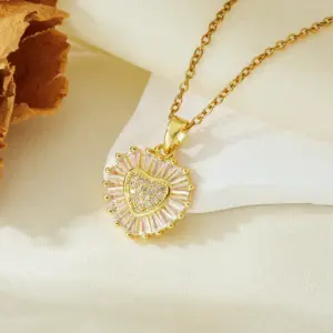Gold White Square Diamond Heart Necklace T021