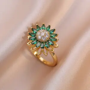 Emerald Sunflower Rotating Ring / Silver