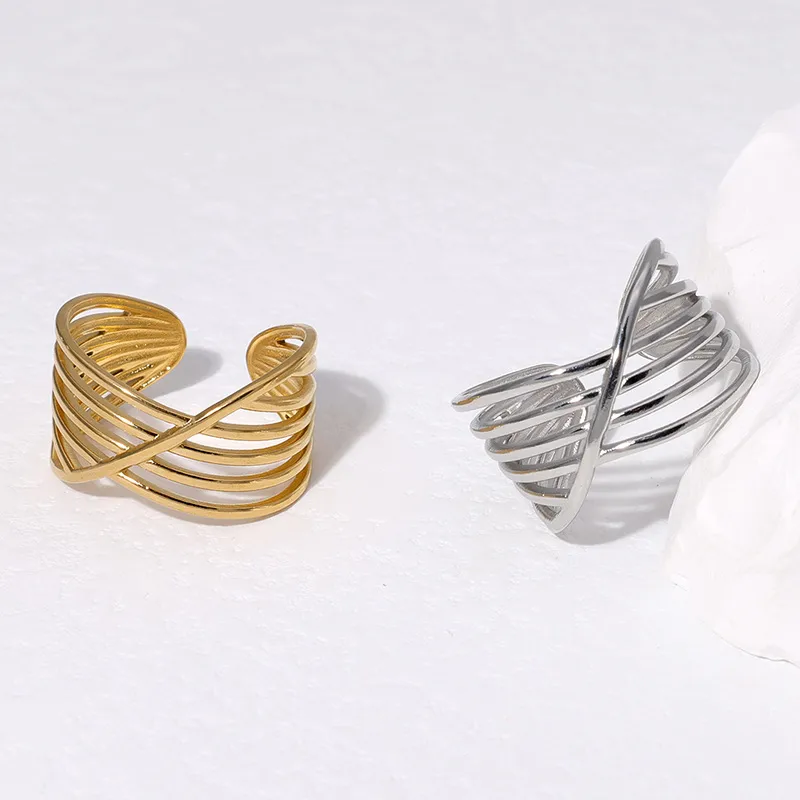Wholesale PVD Coated Real Gold Plated 18K Gold Geometric 304 Stainless Steel Basic Waterproof Non Tarnish Open Rings