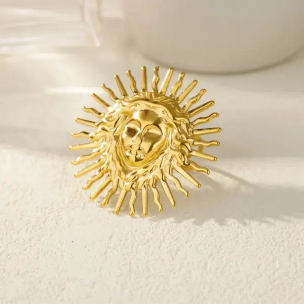 Wholesale Adjustable Titanium Steel Ring Starfish Sun Cat's Eye Stone Hammered Texture Elegant Simple Style For Women Open Ring Finger Ring