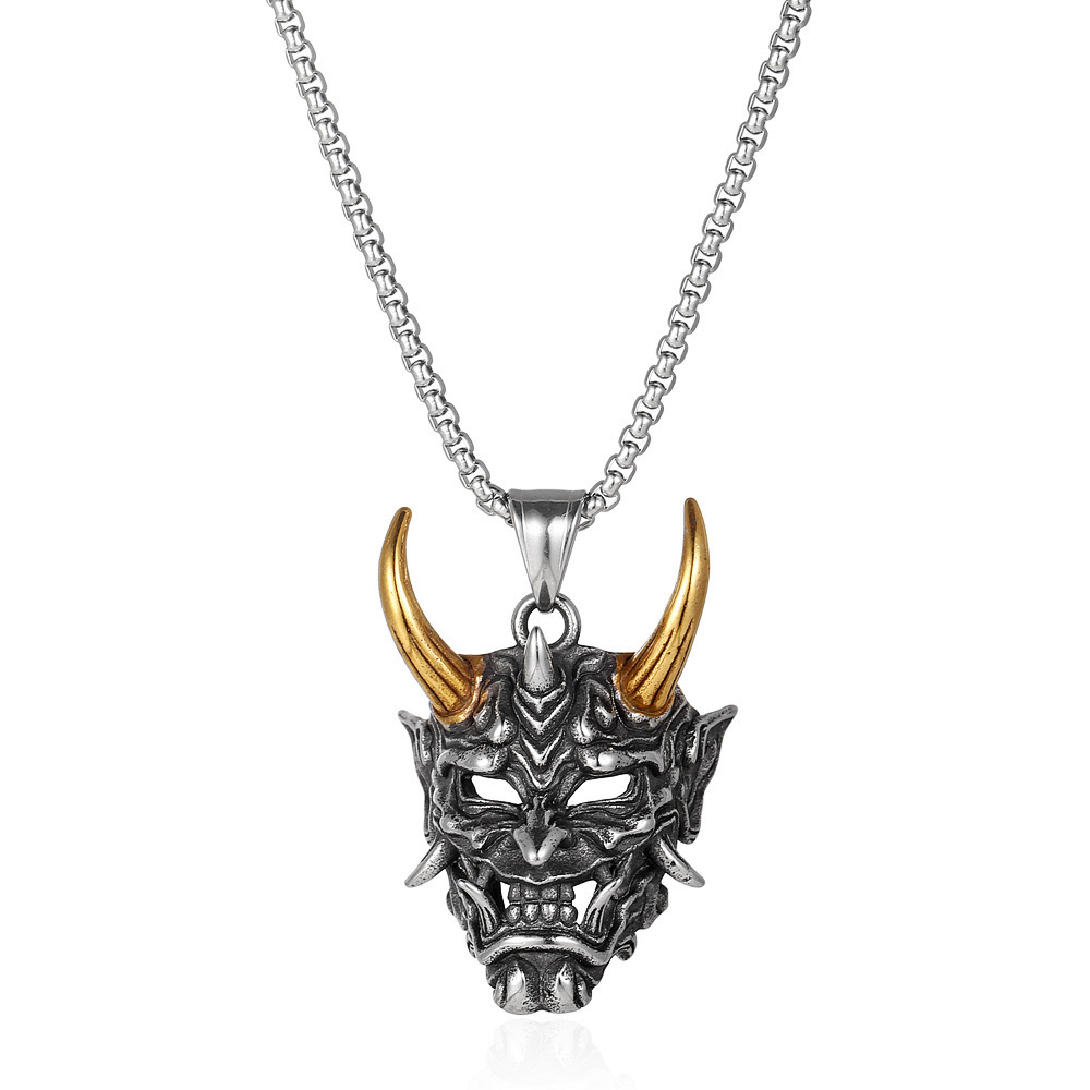 Wholesale 2025 Wish Cross-Border New Golden Horn Prajna Pendant European and American Men's Ghost Mask Necklace Gift