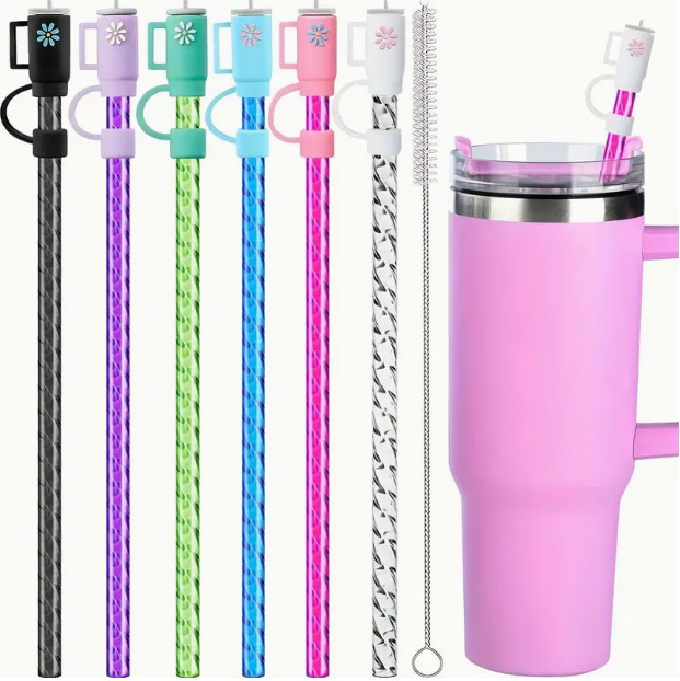 Wholesale Cross-border universal replacement multi-color spiral straw c shape 10mm straw cap straw brush suit