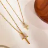 304 Stainless Steel Cross PVD Coated Rhinestones Zircon 14K Gold Plated 18K Gold Plated Sweet Commute Korean Style Waterproof Non Tarnish Surgical Steel Regular Chain Lobster Trigger Clasp Closure Pendant Necklace