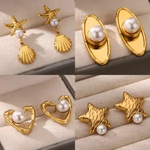 PVD Coated Real Gold Plated Geometric Star Heart Shape 304 Stainless Steel Imitation Pearl Retro Sweet Waterproof Non Tarnish Ear Studs