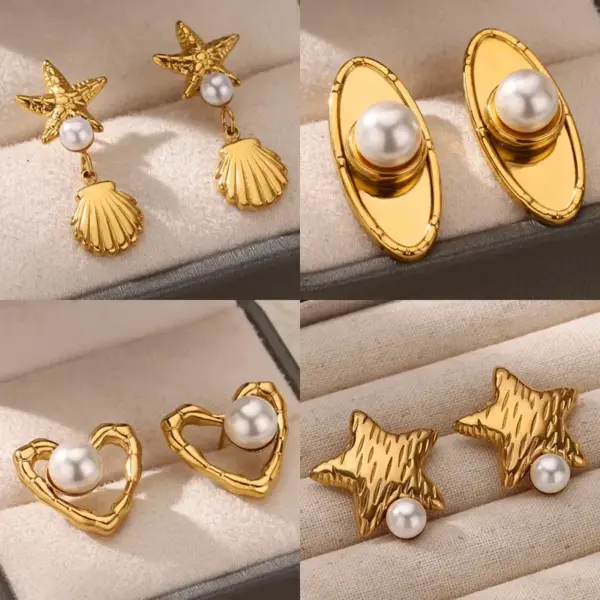 PVD Coated Real Gold Plated Geometric Star Heart Shape 304 Stainless Steel Imitation Pearl Retro Sweet Waterproof Non Tarnish Ear Studs