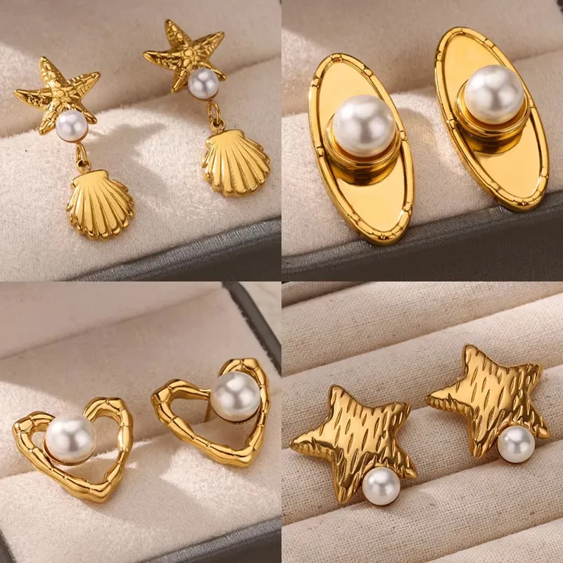 Wholesale PVD Coated Real Gold Plated Geometric Star Heart Shape 304 Stainless Steel Imitation Pearl Retro Sweet Waterproof Non Tarnish Ear Studs