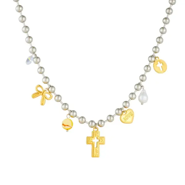 Wholesale Jewelry Modern Style Cross Heart Shape Bow Knot 304 Stainless Steel Plating Multi Charms Necklace Ball Chain