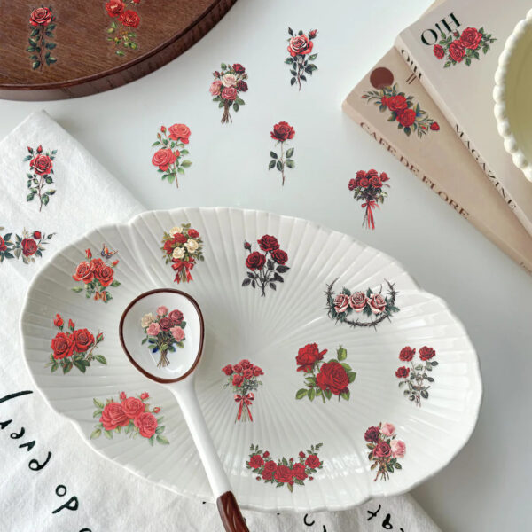 Wholesale 50 sheets transparent retro red rose sticker bag waterproof transparent PET hand account material decorative guitar notebook