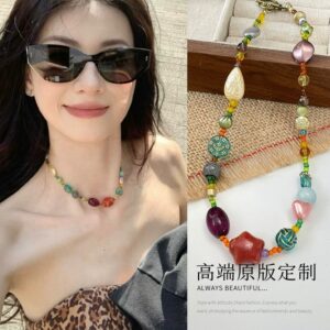 Star color geometric stone beaded necklace