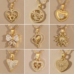 Wholesale 201 Stainless Steel Brass 18K Gold Plated Simple Style Classic Style Plating Inlay Star Heart Shape Bow Knot Zircon Pendant Necklace