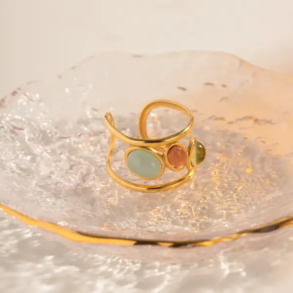 Wholesale Jewelry IG Style Retro Colorful 304 Stainless Steel Glass PVD Coated Plating Inlay Open Ring