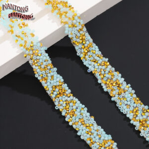 2 light blue rice beads + pointed golden rhinestones / 1.5cm double-layer hot melt adhesive rice beads rhinestone hot drill strip