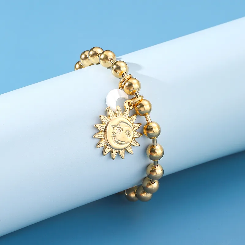 Wholesale PVD Coated Real Gold Plated 24K 18K Gold Sun Moon 304 Stainless Steel Retro Waterproof Non Tarnish 304 Stainless Steel Bracelets