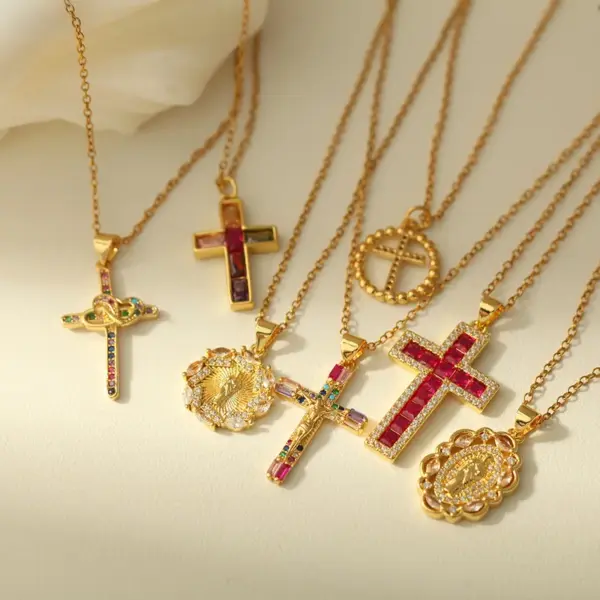 PVD Coated Real Gold Plated Cross Virgin Mary Heart Shape 304 Stainless Steel Retro Commute Waterproof Non Tarnish 304 Stainless Steel Lobster Trigger Clasp Closure Pendant Necklace