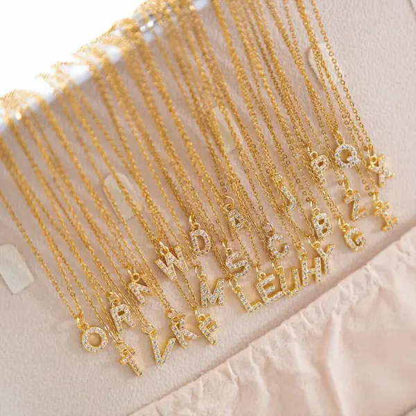 Wholesale 304 Stainless Steel Copper Letter Vacuum Plating Zircon 18K Real Gold Plated Streetwear Plating Inlay Pendant Necklace
