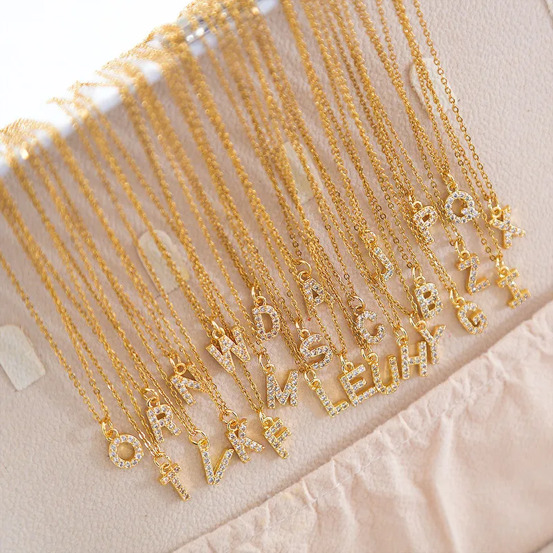Wholesale 304 Stainless Steel Copper Letter Vacuum Plating Zircon 18K Real Gold Plated Streetwear Plating Inlay Pendant Necklace