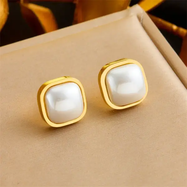 Wholesale 1 Pair Vintage Style Square Inlay 304 Stainless Steel Artificial Pearls 18K Gold Plated Ear Studs