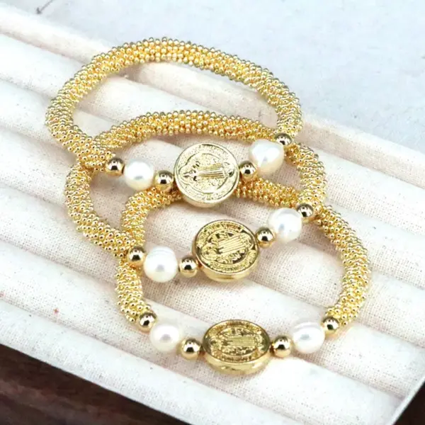 Wholesale Copper 18K Gold Plated Elegant Vintage Style Lady Plating Inlay Round Artificial Pearls Bracelets