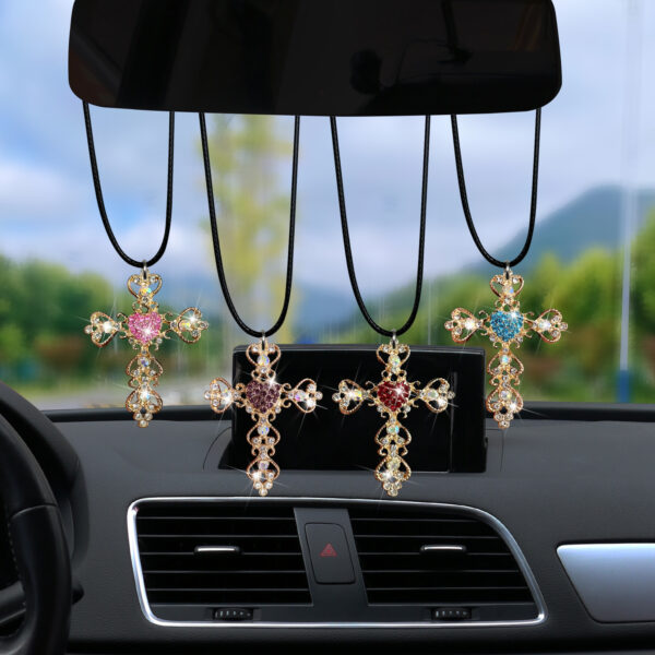 oly-131cb1a674b109f8ba8fc196fa35d3c4 Wholesale Diamond-embedded love Cross Car Rearview Mirror decorative pendant alloy cross exquisite