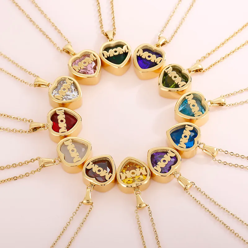 Wholesale 304 Stainless Steel Letter PVD Coated Birthstone 18K Real Gold Plated Fashion MAMA Waterproof Non Tarnish Plating Inlay Cable Chain Pendant
