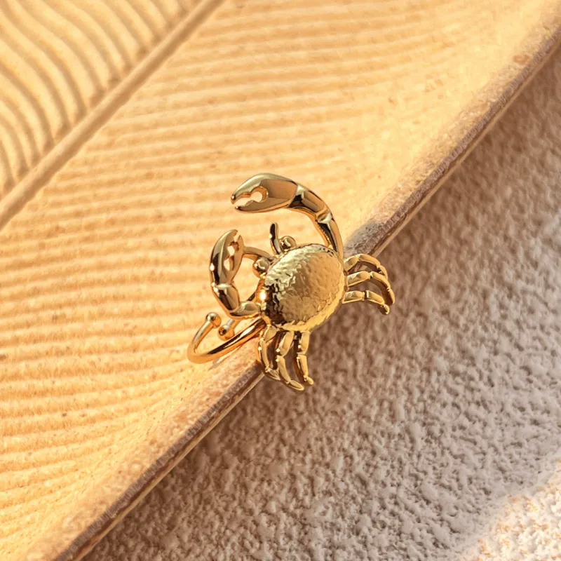 Wholesale PVD Coated Real Gold Plated Crab 304 Stainless Steel Vacation Marine Style Waterproof Non Tarnish Open Rings