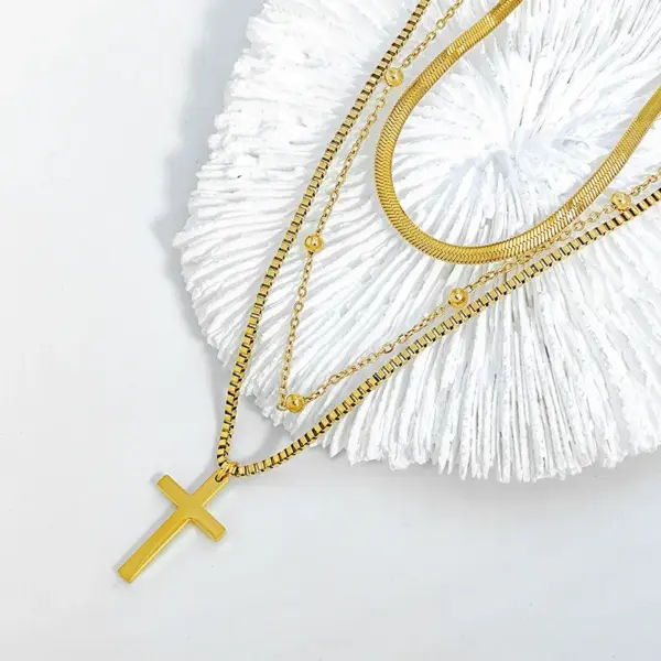 Wholesale 304 Stainless Steel Cross PVD Coated 18K Real Gold Plated Vacation Streetwear Waterproof Non Tarnish Layered Necklaces