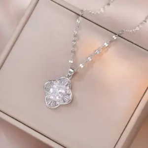 X0424 Steel Color Four-Leaf Zircon Necklace
