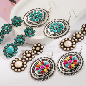 Wholesale Cross-border European and American independent station exaggerated turquoise earrings retro fashion new geometric multi-layer long earrings