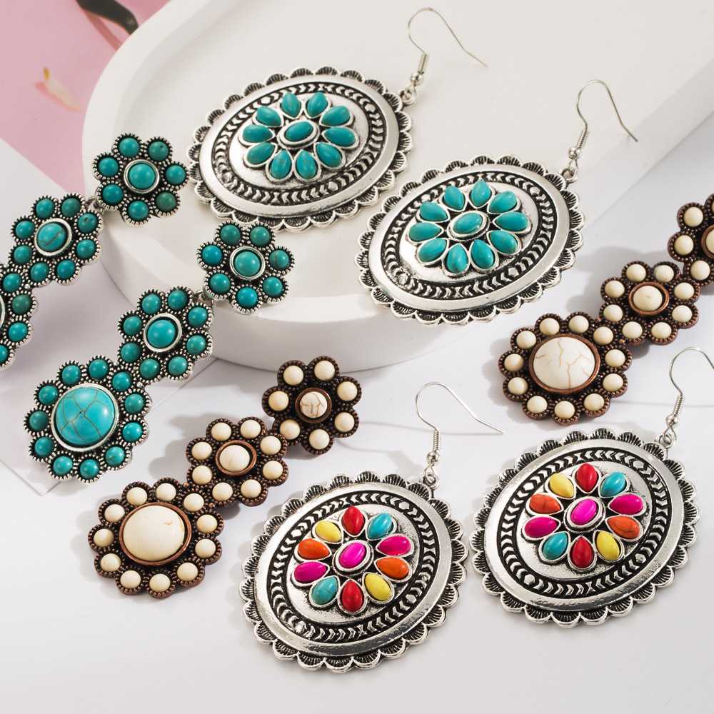 Wholesale Cross-border European and American independent station exaerated turquoise earrings retro fashion new geometric multi-layer long earrings