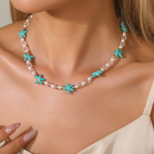 Wholesale Bohemian Wind Beach Series Turquoise Starfish Pearl Crystal Single Layer Necklace Seaside Holiday Style Clavicle Chain for Women