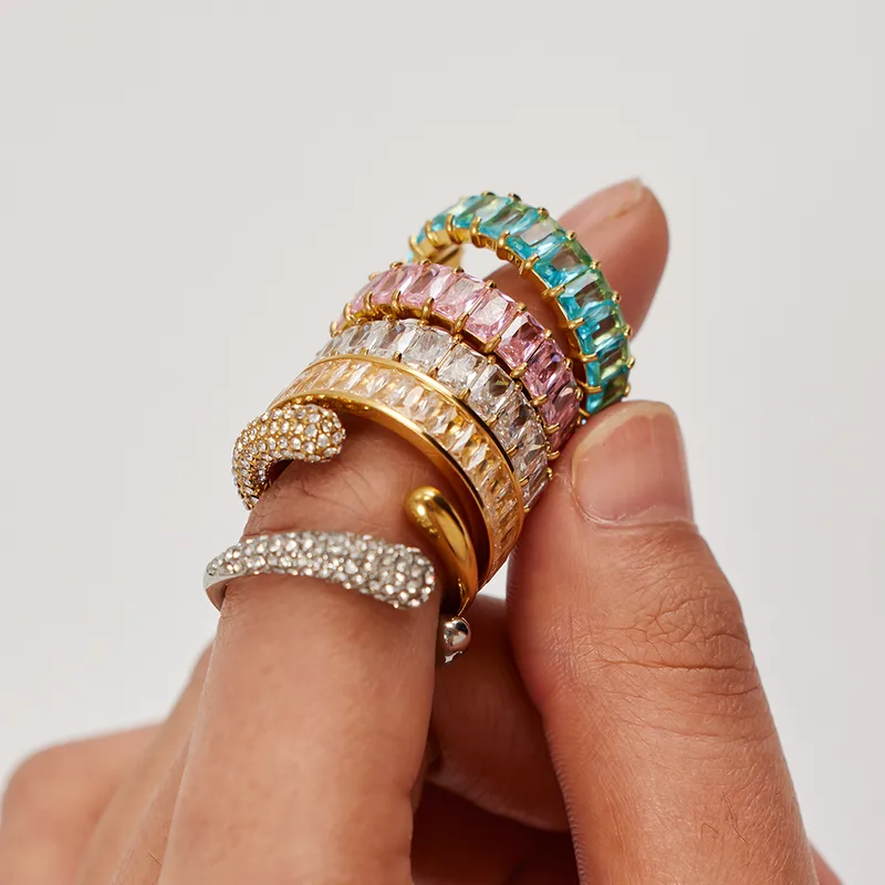 Wholesale Jewelry INS Style Shiny Round 304 Stainless Steel Zircon PVD Coated Plating Inlay Rings